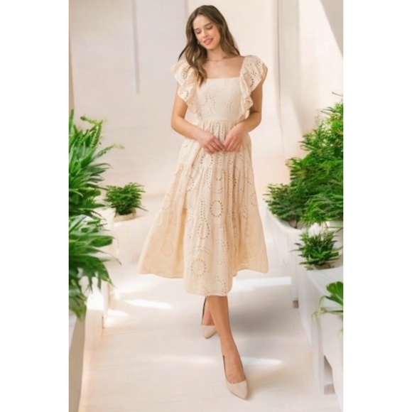 Flying Tomato Natural Beige Cotton Eyelet Midi Dress with Back Bow Tie - Picture 2 of 11